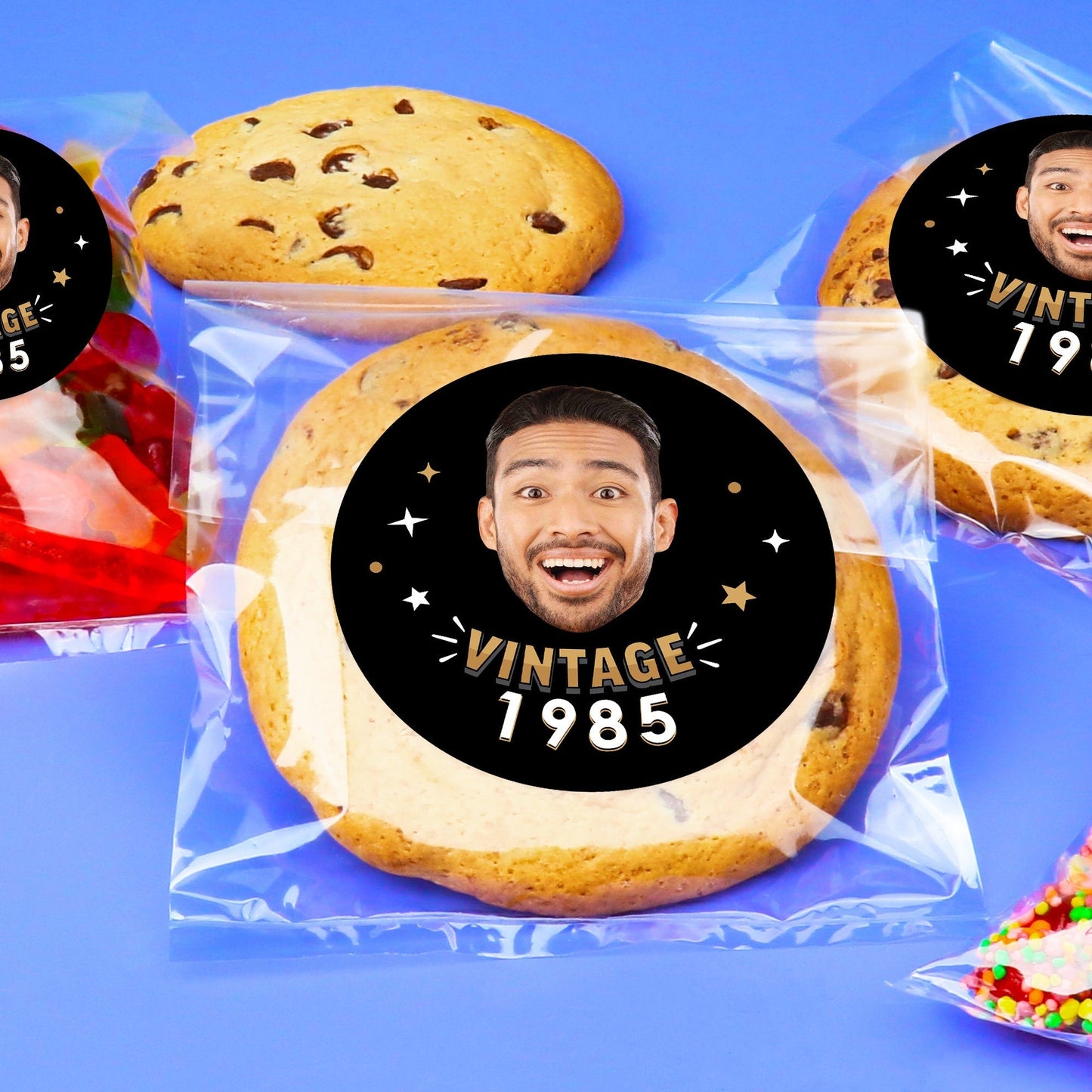 Custom Face Stickers & Clear Cookie Bags - Vintage Birthday