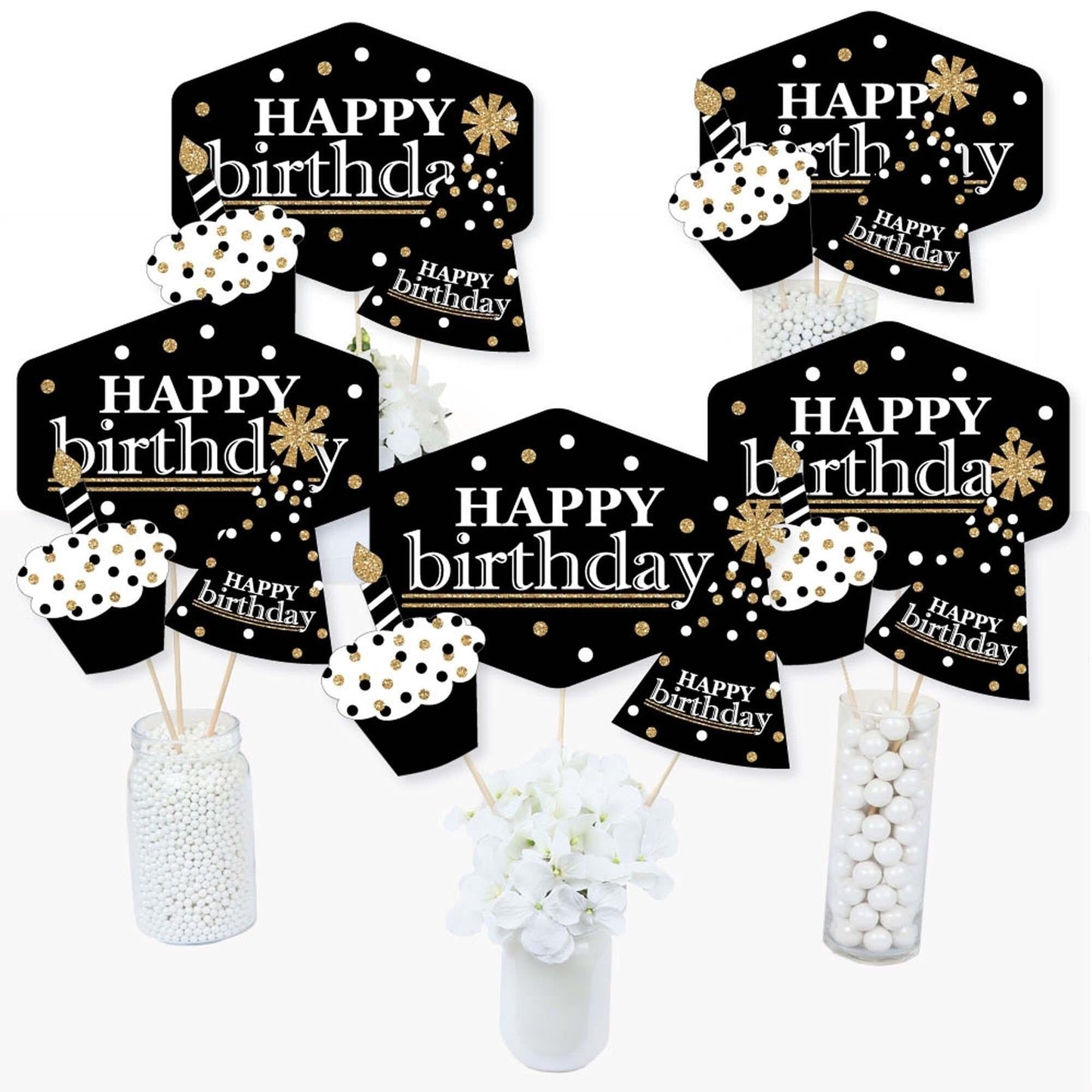 Adult Happy Birthday - Gold - Birthday Party Centerpiece Sticks - Table Toppers - Set of 15