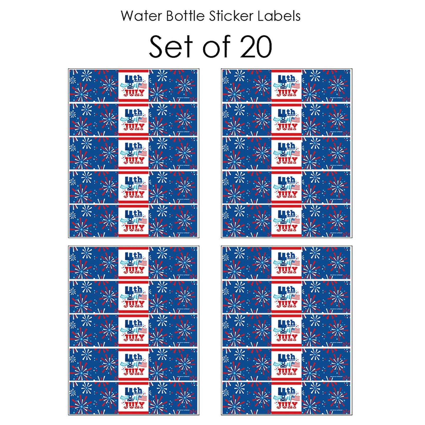 Firecracker 4th of July - Red, White and Royal Blue Party Water Bottle Sticker Labels - Set of 20