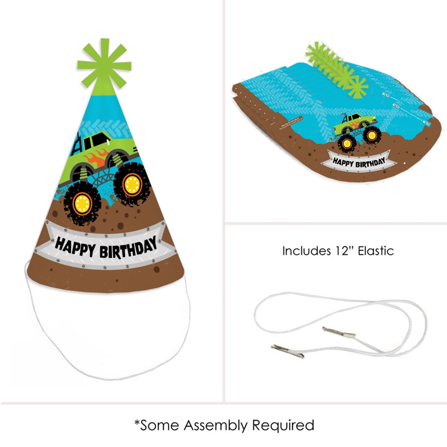 Smash and Crash - Monster Truck - Cone Happy Birthday Party Hats for Kids and Adults - Set of 8 (Standard Size)