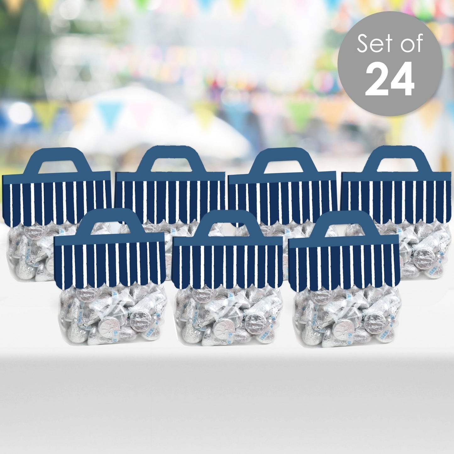Navy Stripes - DIY Simple Party Clear Goodie Favor Bag Labels - Candy Bags with Toppers - Set of 24