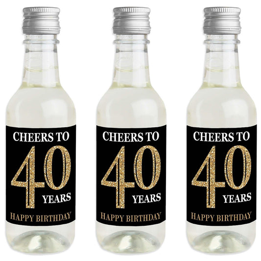 Adult 40th Birthday - Gold - Mini Wine and Champagne Bottle Label Stickers - Birthday Party Favor Gift - For Women and Men - Set of 16