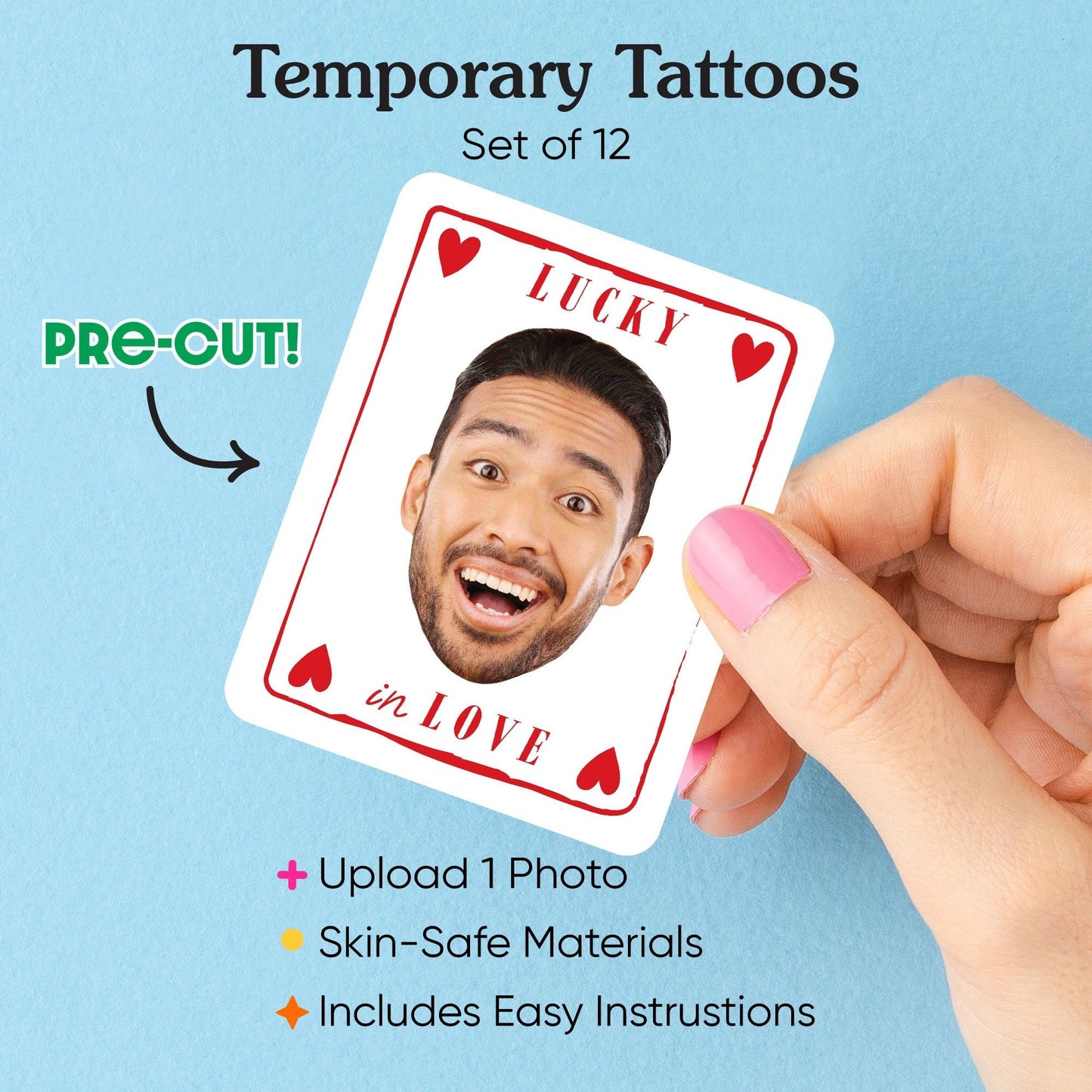 Custom Face Lucky In Love Temporary Tattoos - 12 Ct