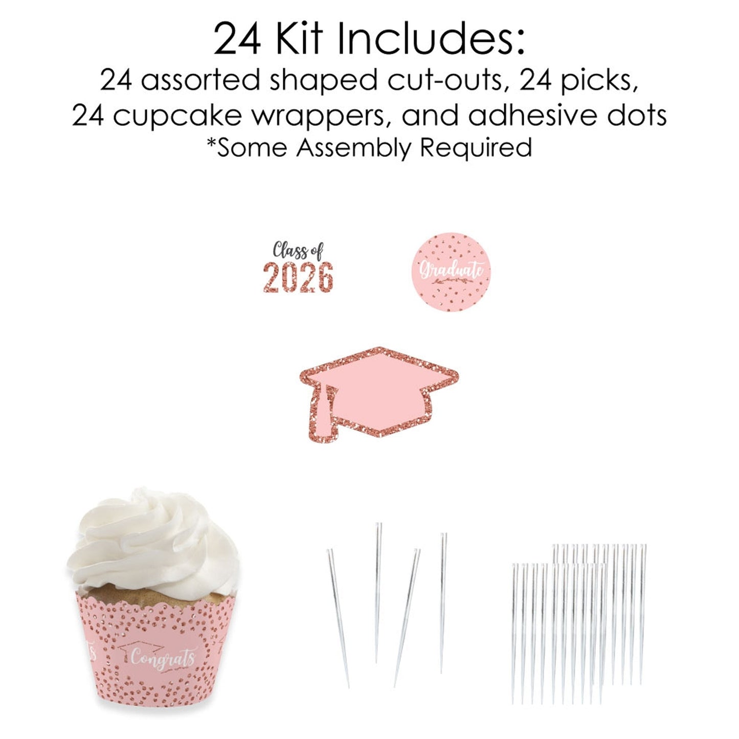 Rose Gold Grad - Cupcake Decoration - 2026 Graduation Party Cupcake Wrappers and Treat Picks Kit - Set of 24