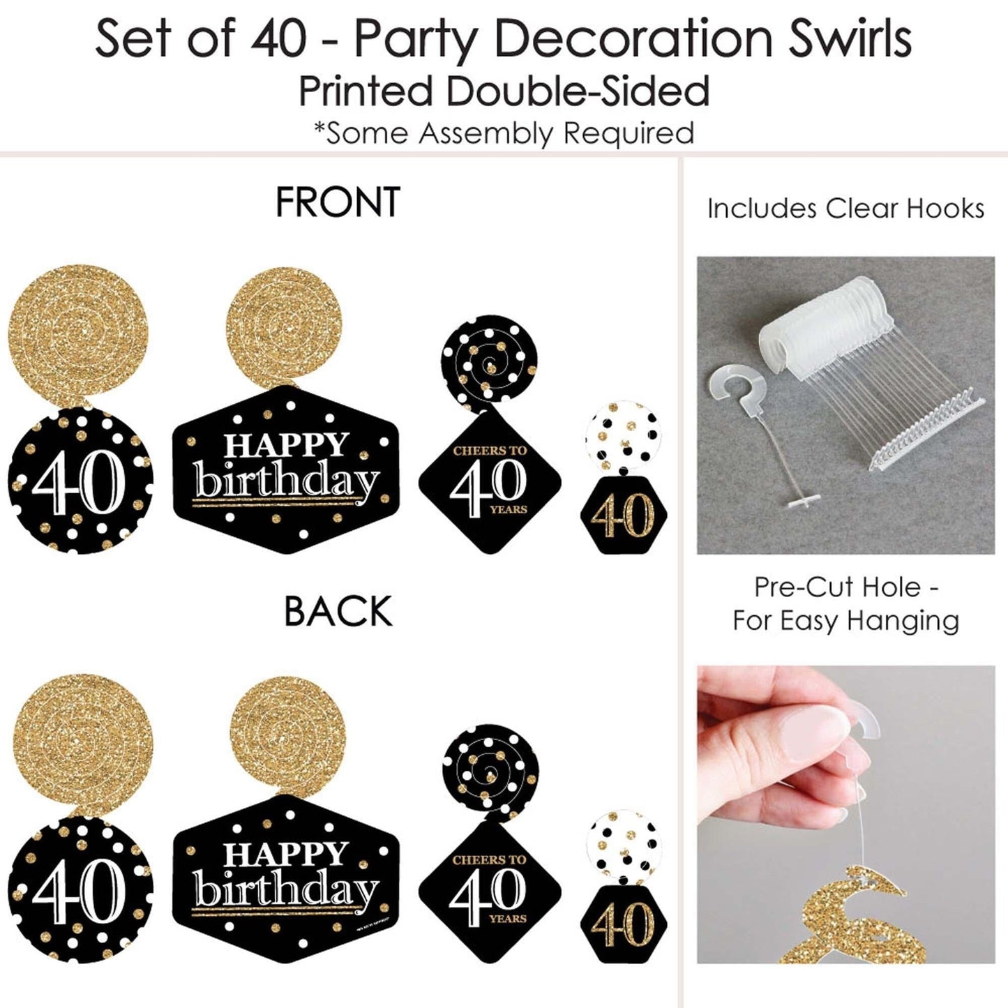 Adult 40th Birthday - Gold - Birthday Party Hanging Decor - Party Decoration Swirls - Set of 40