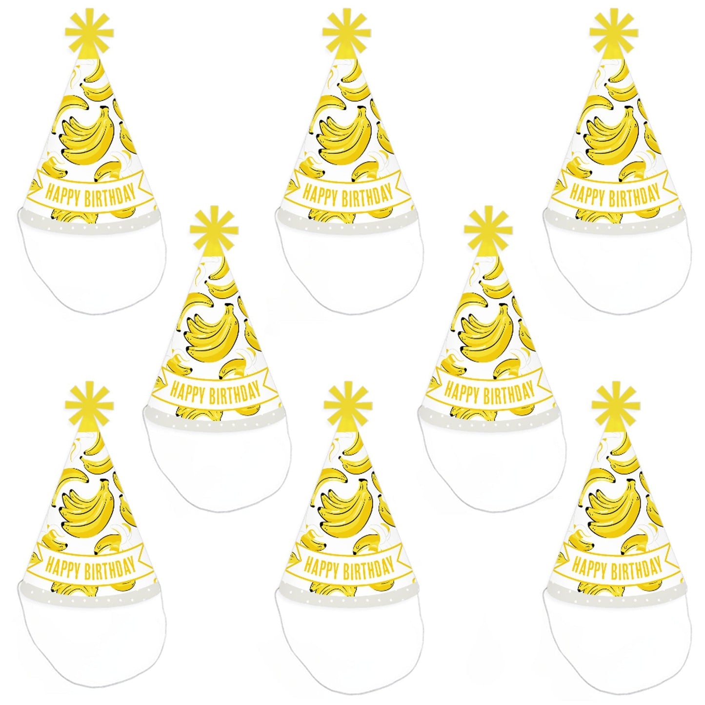 Let's Go Bananas - Cone Happy Birthday Party Hats for Kids and Adults - Set of 8 (Standard Size)