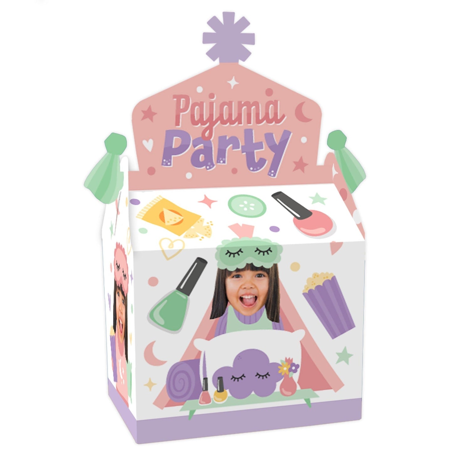 Custom Photo Pajama Slumber Party - Girls Sleepover Birthday Treat Box Party Favors - Fun Face Goodie Gable Boxes - Set of 12