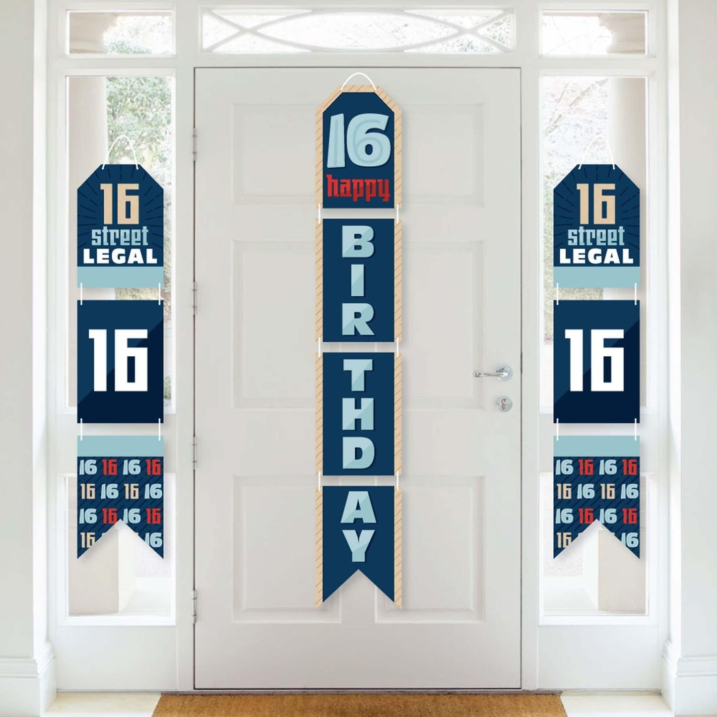 Boy 16th Birthday - Hanging Vertical Paper Door Banners - Sweet Sixteen Birthday Party Wall Decoration Kit - Indoor Door Decor