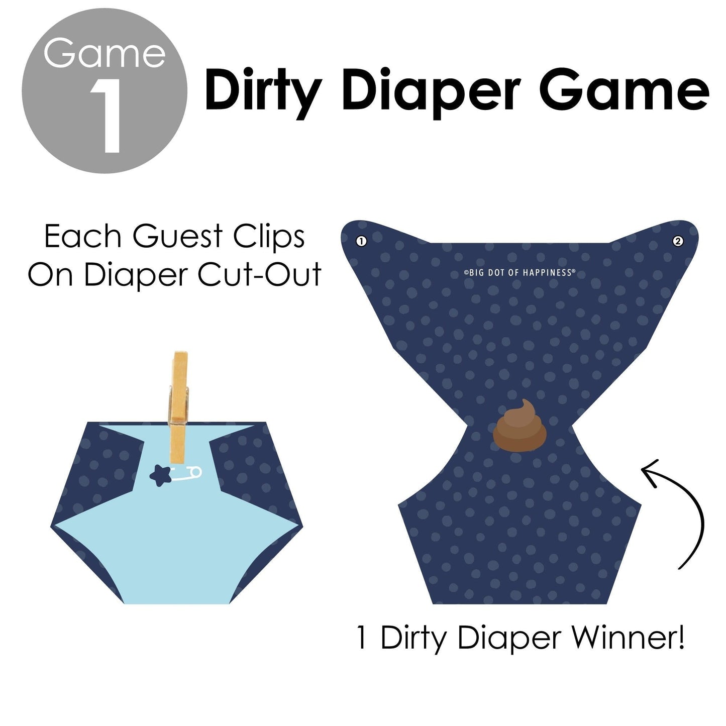 Baby Boy - Blue Baby Shower Conversation Starter - 2-in-1 Dirty Diaper Game - Set of 24
