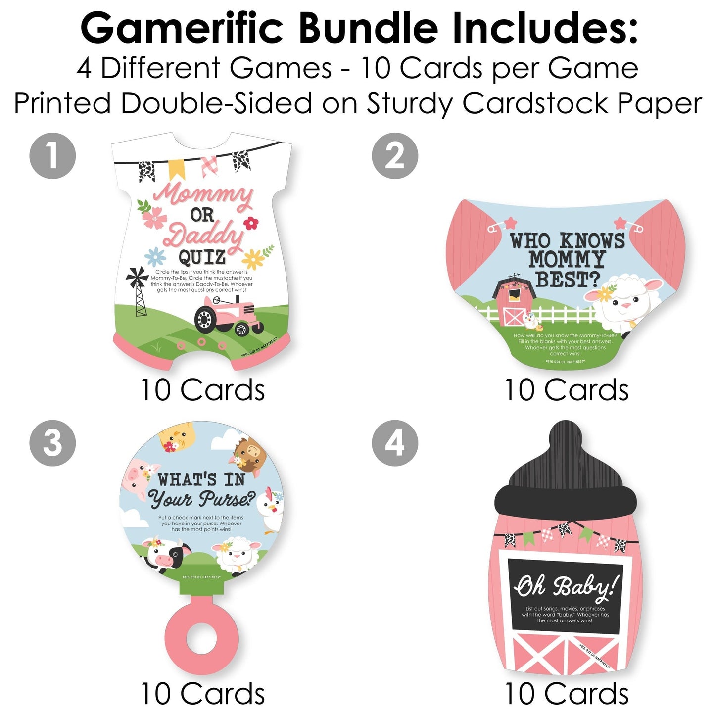 Girl Farm Animals - 4 Pink Barnyard Baby Shower Games - 10 Cards Each - Who Knows Mommy Best, Mommy or Daddy Quiz, What’s in Your Purse and Oh Baby - Gamerific Bundle