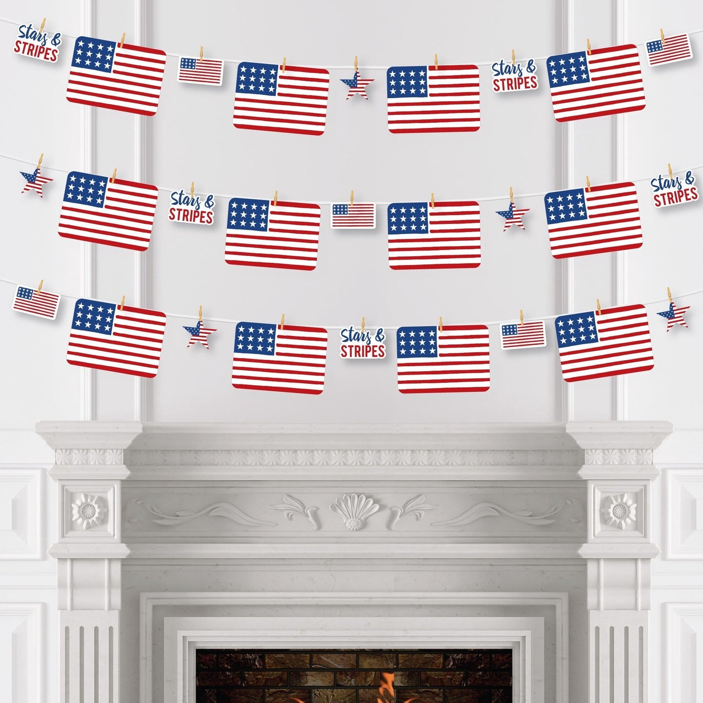 Stars & Stripes - Memorial Day, 4th of July and Labor Day USA Patriotic Party DIY Decorations - Clothespin Garland Banner - 44 Pieces