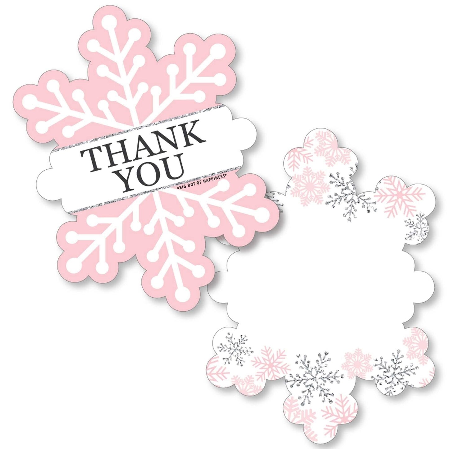 Pink Winter Wonderland - Shaped Thank You Cards - Holiday Snowflake Birthday Party and Baby Shower Thank You Note Cards with Envelopes - Set of 12