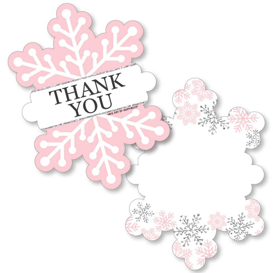 Pink Winter Wonderland - Shaped Thank You Cards - Holiday Snowflake Birthday Party and Baby Shower Thank You Note Cards with Envelopes - Set of 12