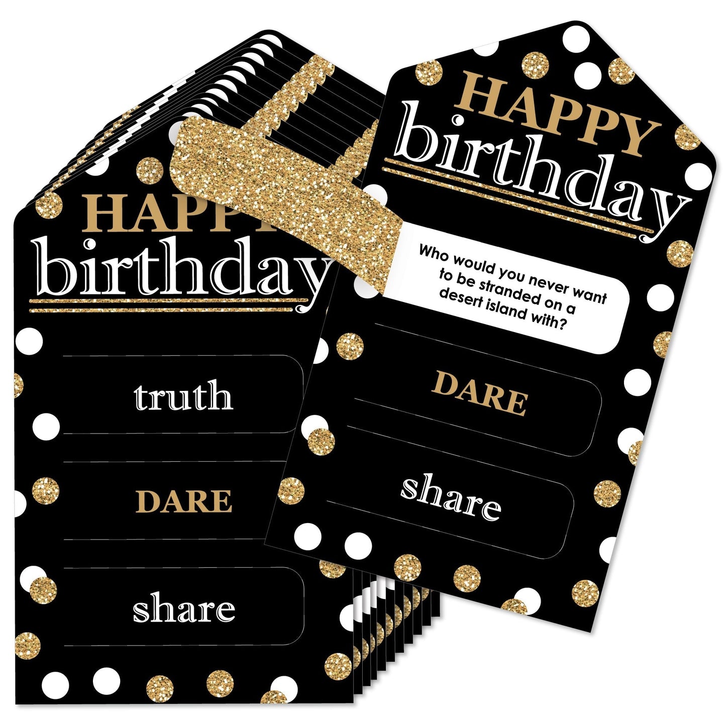 Adult Happy Birthday - Gold - Birthday Party Game Pickle Cards - Truth, Dare, Share Pull Tabs - Set of 12