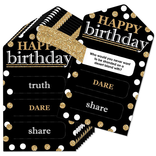 Adult Happy Birthday - Gold - Birthday Party Game Pickle Cards - Truth, Dare, Share Pull Tabs - Set of 12