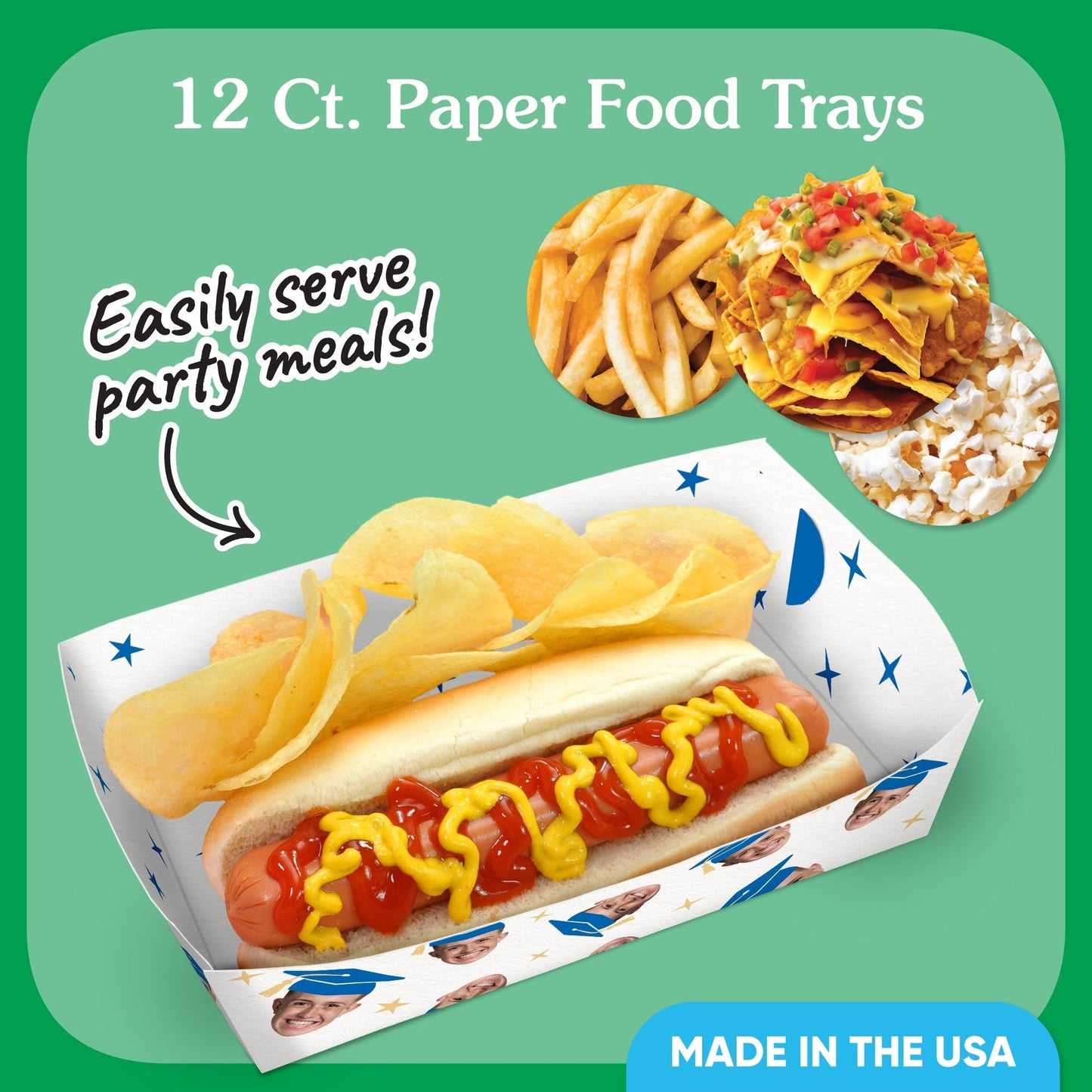 Custom Face Blue Graduation Paper Food Trays - 12 Ct