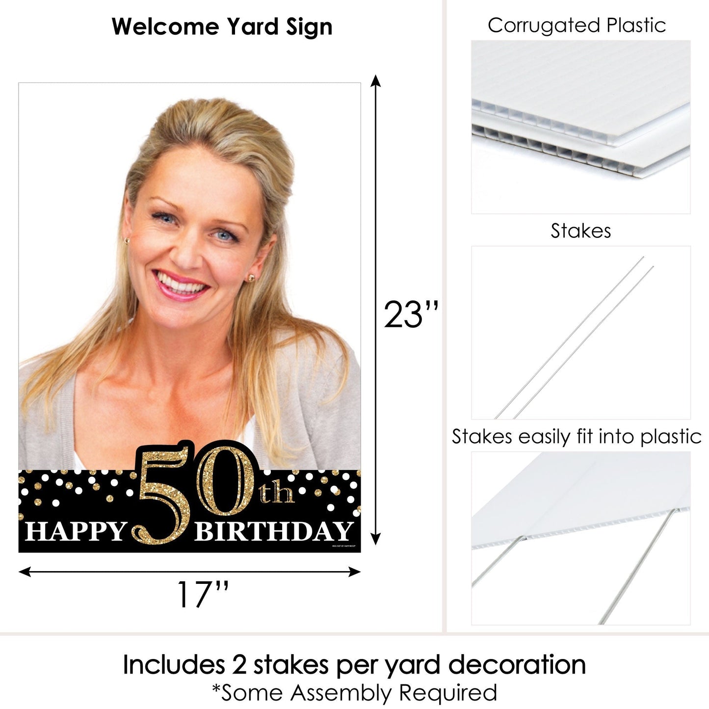 Adult 50th Birthday - Gold - Photo Yard Sign - Birthday Party Decorations