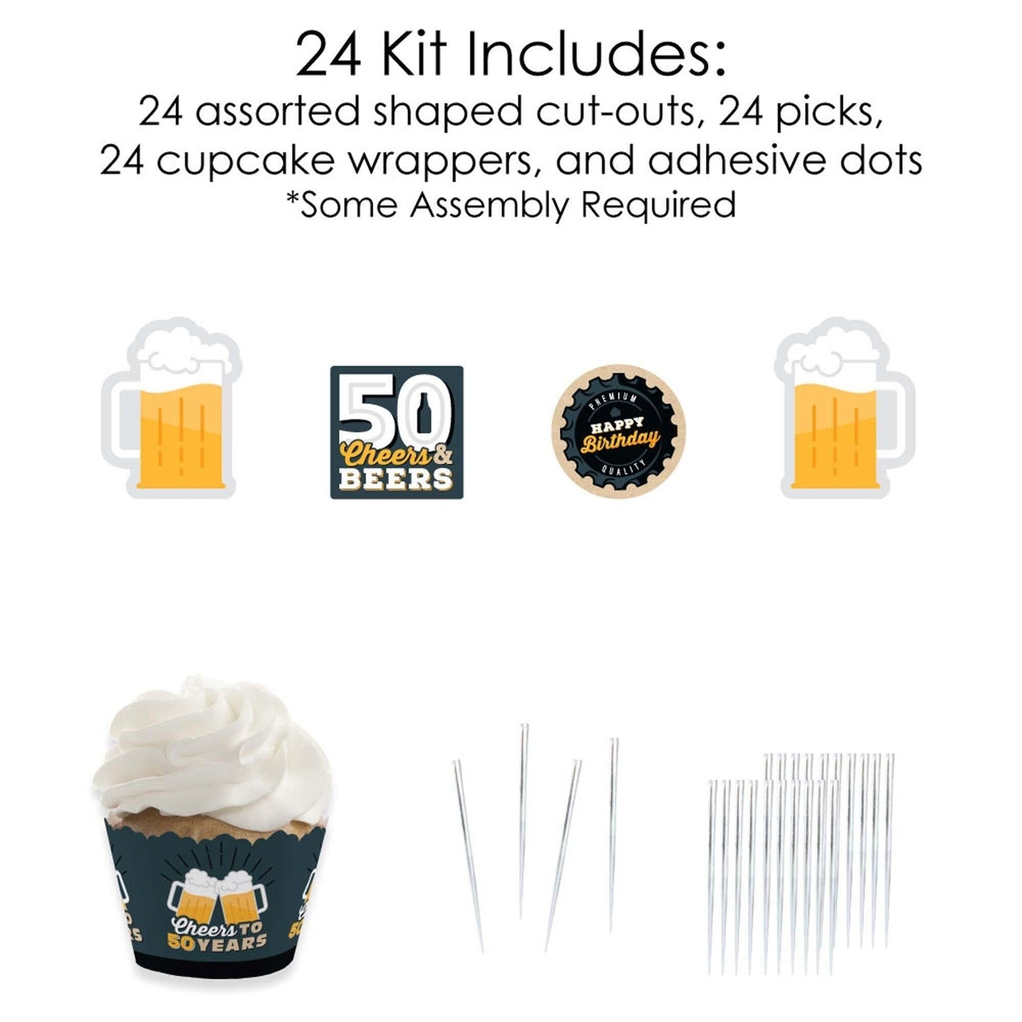 Cheers and Beers to 50 Years - Cupcake Decoration - 50th Birthday Party Cupcake Wrappers and Treat Picks Kit - Set of 24
