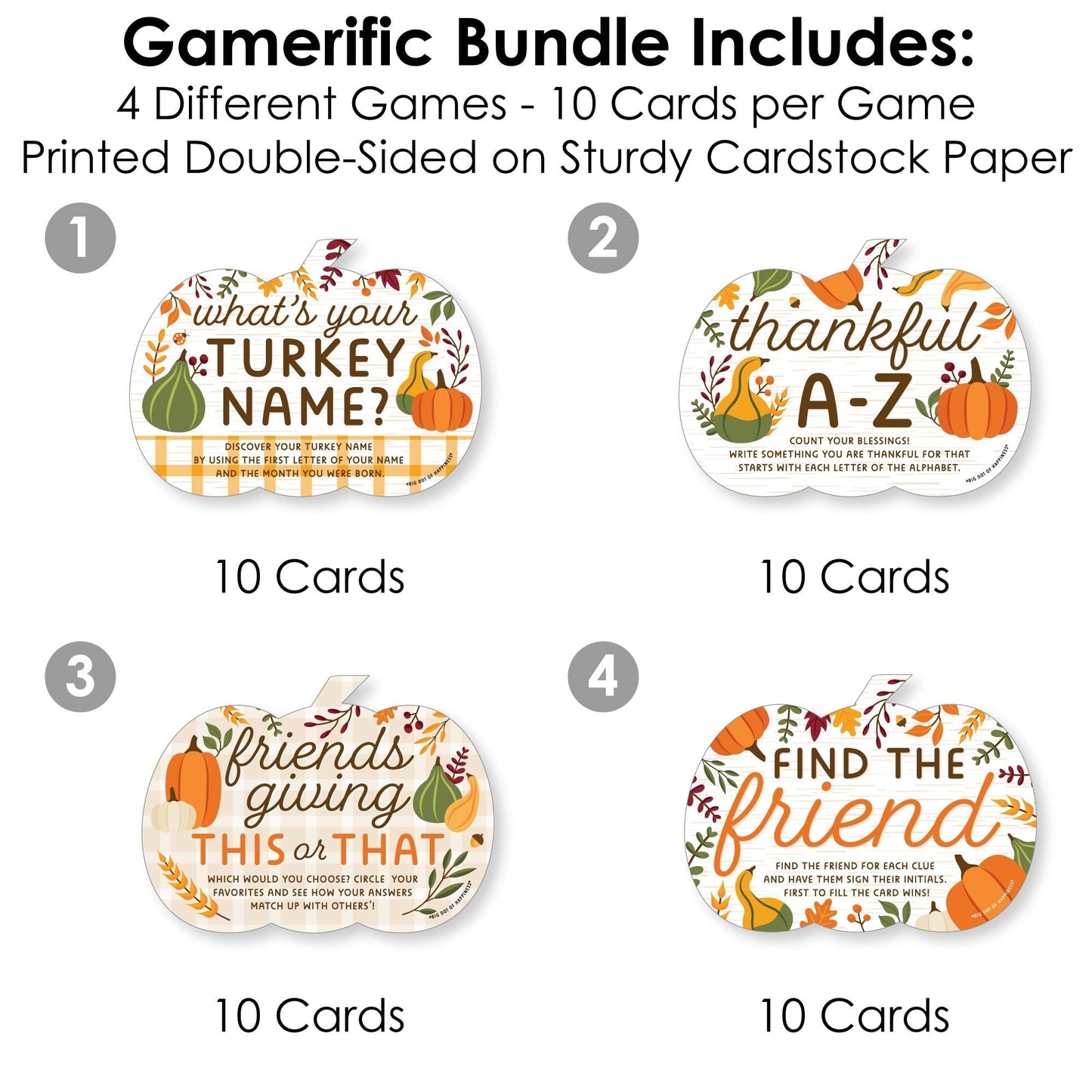 Fall Friends Thanksgiving - 4 Friendsgiving Party Games - 10 Cards Each - Gamerific Bundle
