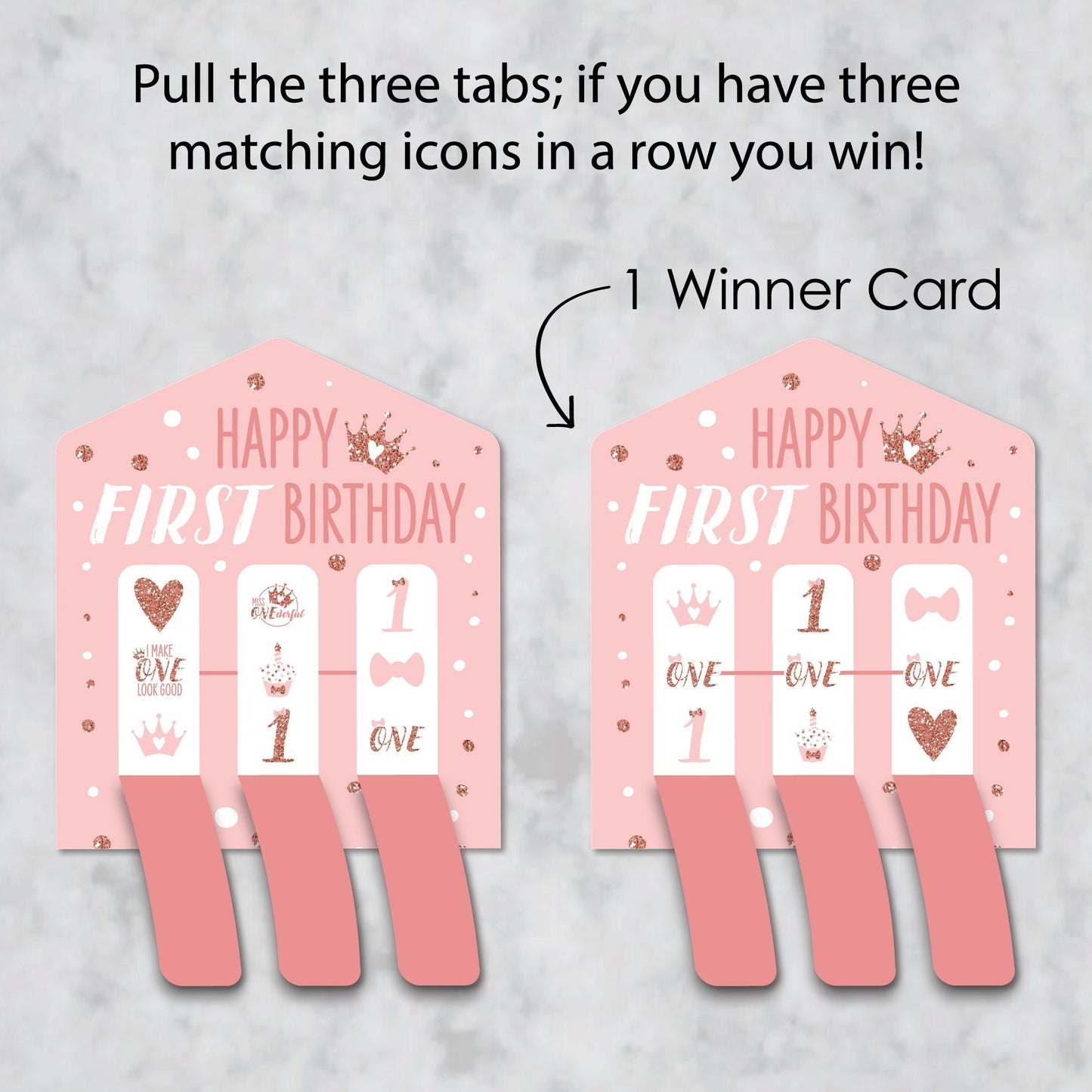 1st Birthday Little Miss Onederful - Girl First Birthday Party Game Pickle Cards - Pull Tabs 3-in-a-Row - Set of 12