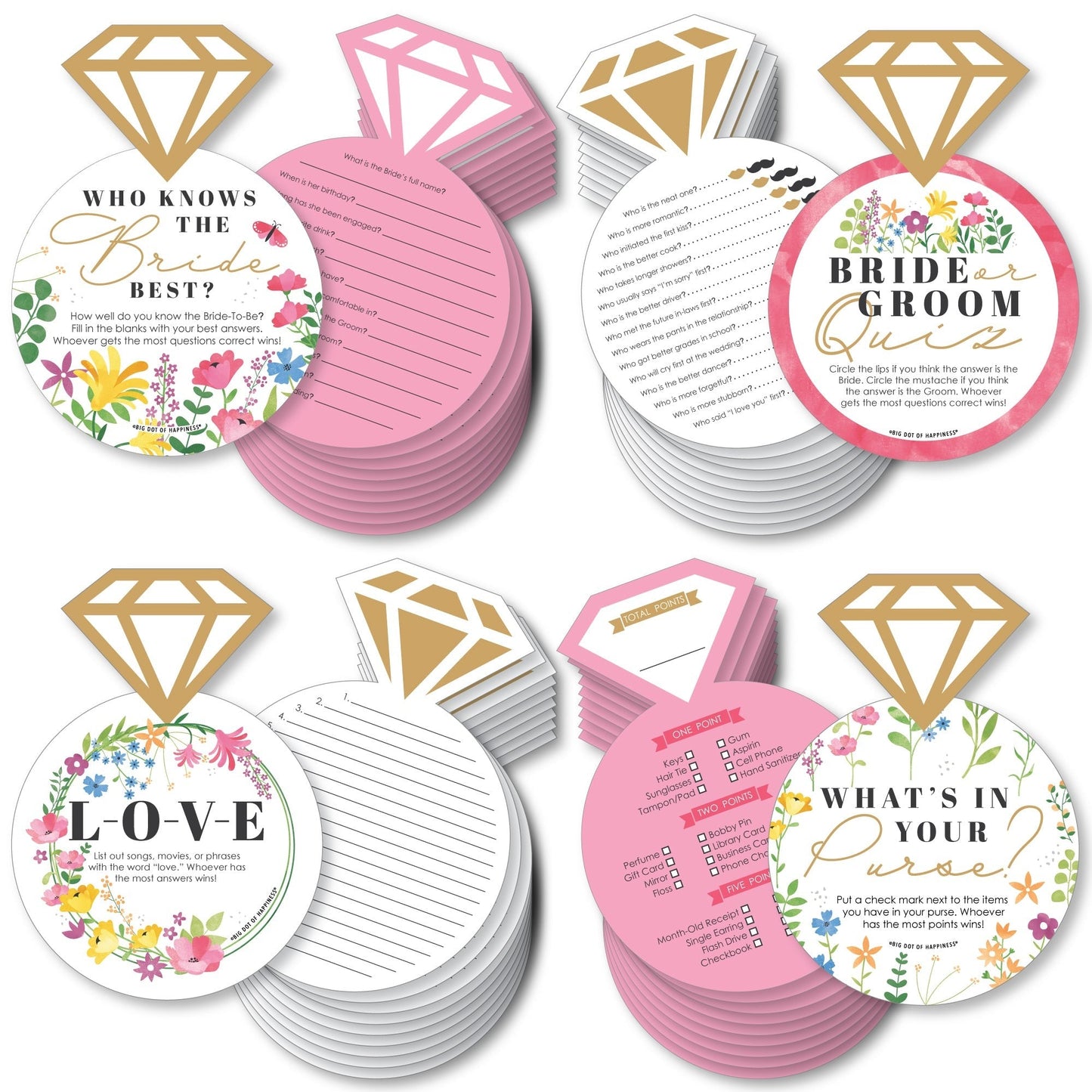 Wildflowers Bride - 4 Boho Floral Bridal Shower Games - 10 Cards Each - Who Knows The Bride Best, Bride or Groom Quiz, What’s in Your Purse and Love - Gamerific Bundle