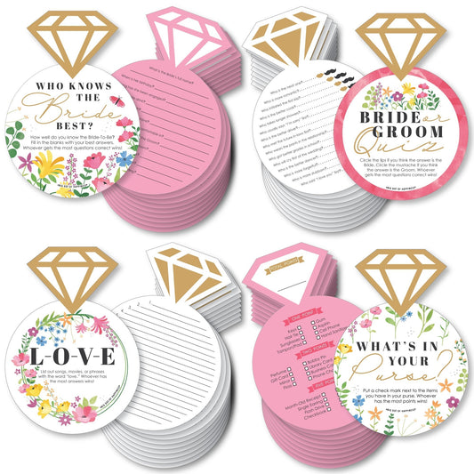 Wildflowers Bride - 4 Boho Floral Bridal Shower Games - 10 Cards Each - Who Knows The Bride Best, Bride or Groom Quiz, What’s in Your Purse and Love - Gamerific Bundle