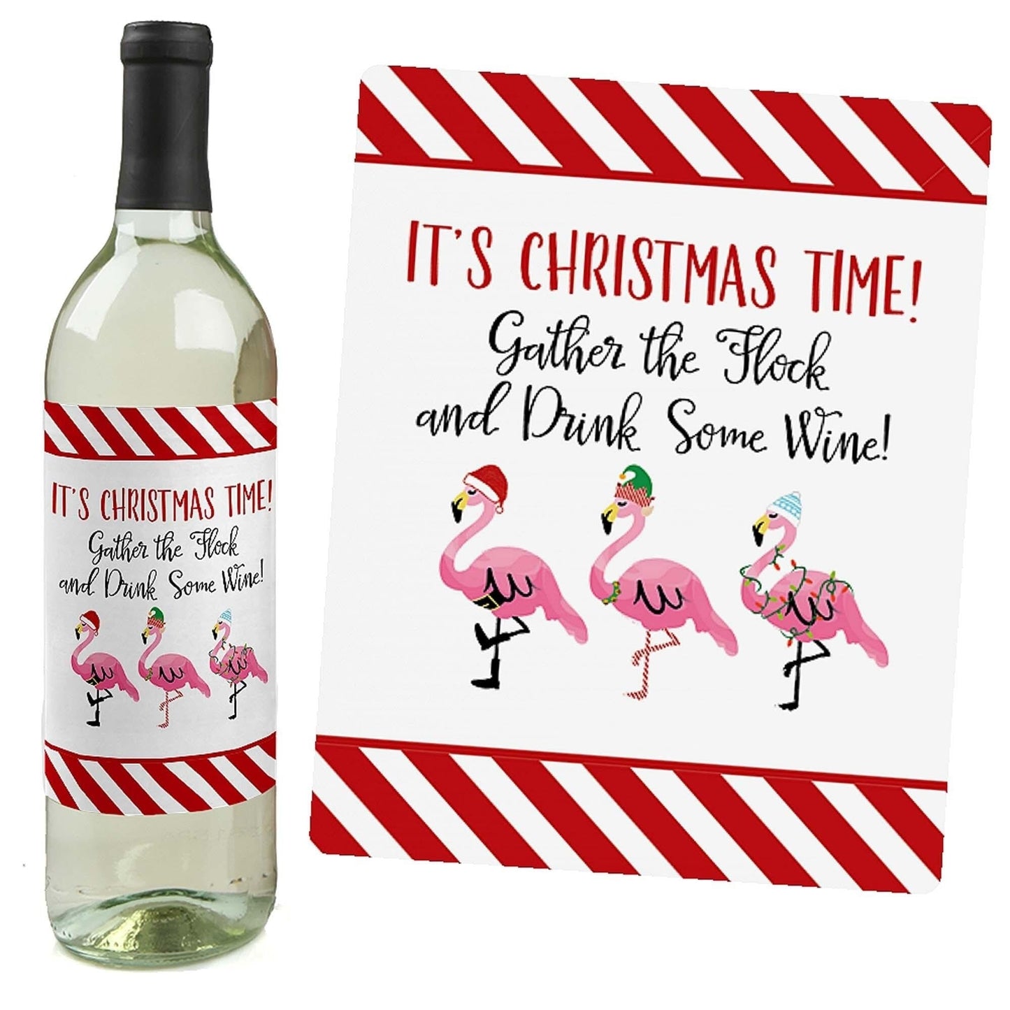 Flamingle Bells - Tropical Flamingo Christmas Decorations for Women and Men - Wine Bottle Label Stickers - Set of 4