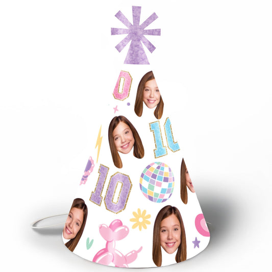 Custom Face Preppy 10th Birthday Girl Cone Hat - 8 Ct