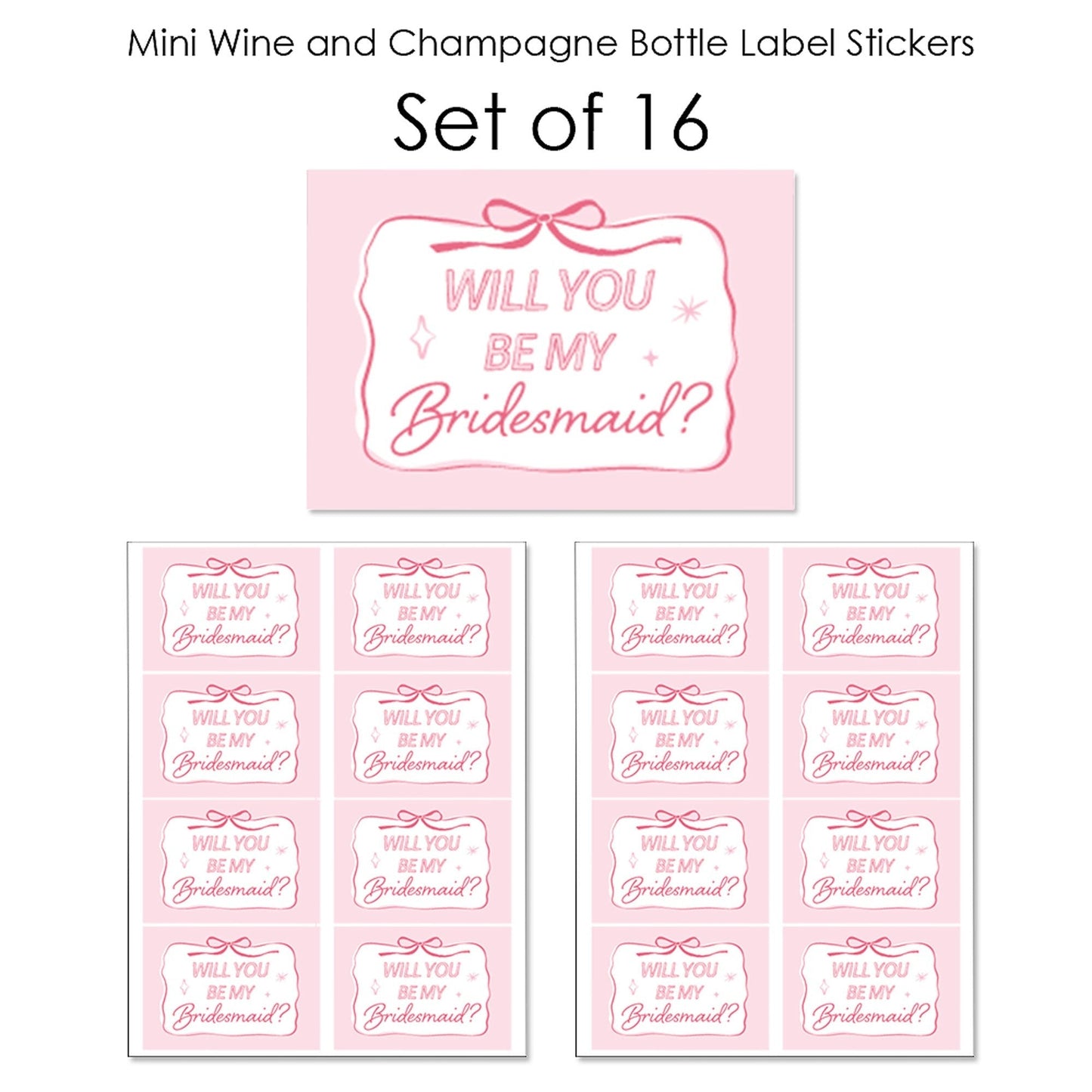 Will You Be My Bridesmaid Pink Bow Mini Wine Bottle Labels - 16 Ct