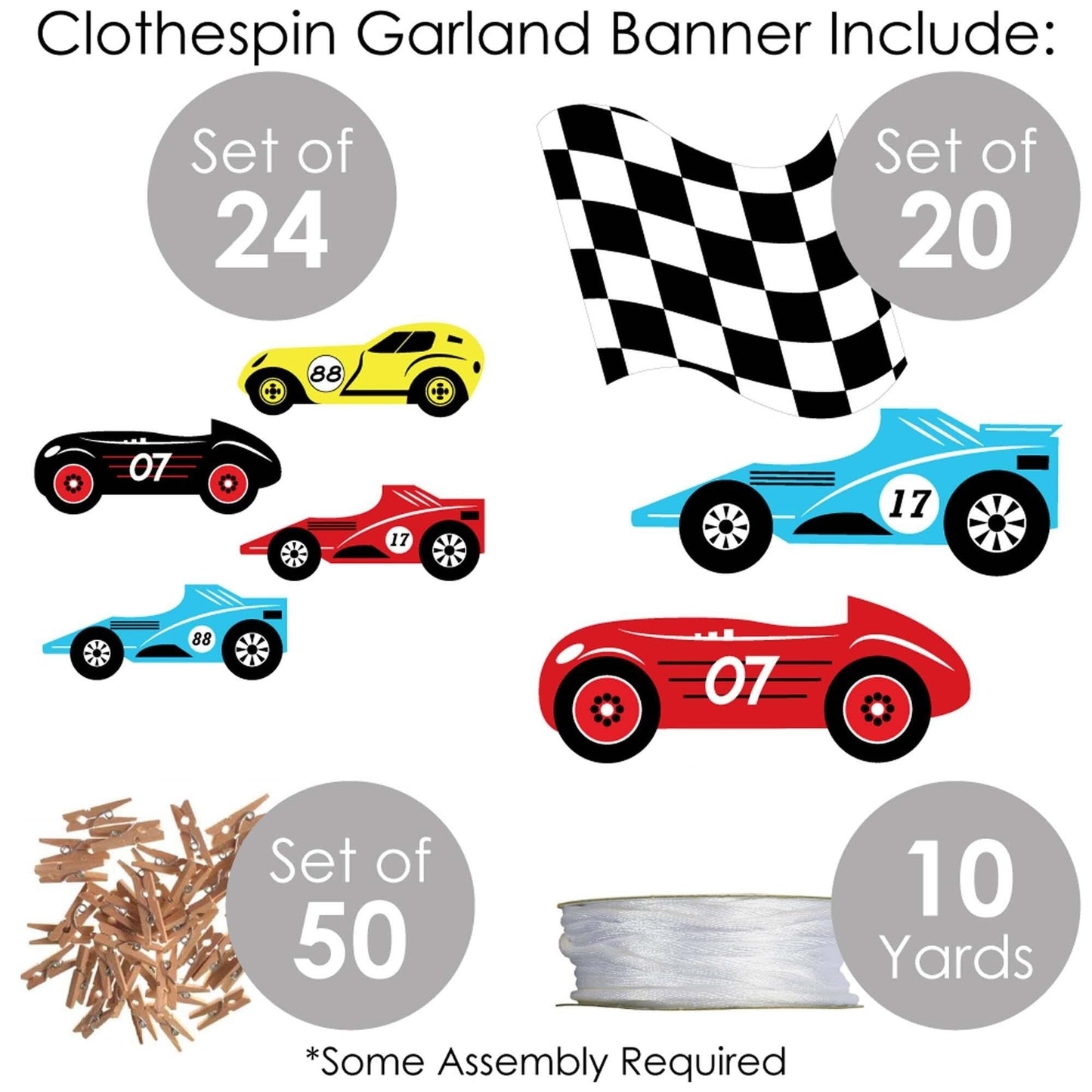 Let's Go Racing - Racecar - Race Car Birthday Party or Baby Shower DIY Decorations - Clothespin Garland Banner - 44 Pieces