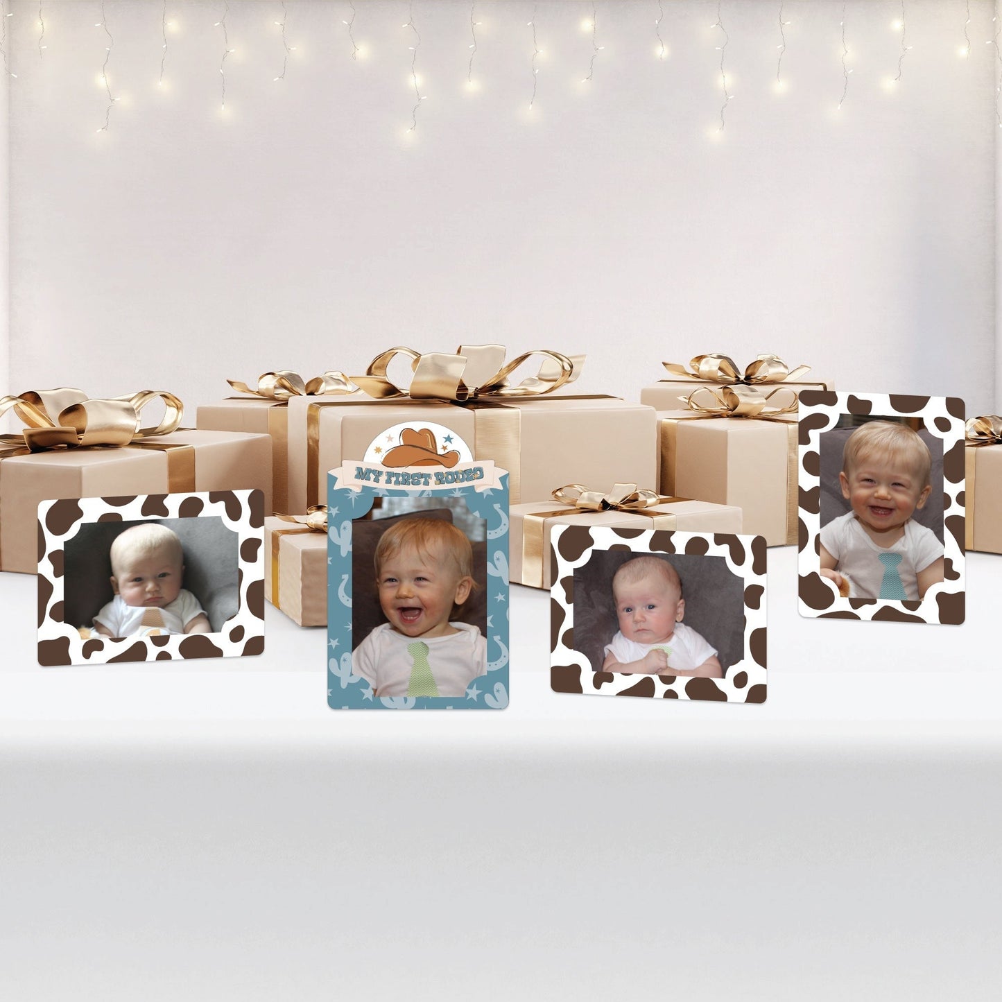 My First Rodeo - Little Cowboy 1st Birthday Party 4x6 Picture Display - Paper Photo Frames - Set of 12