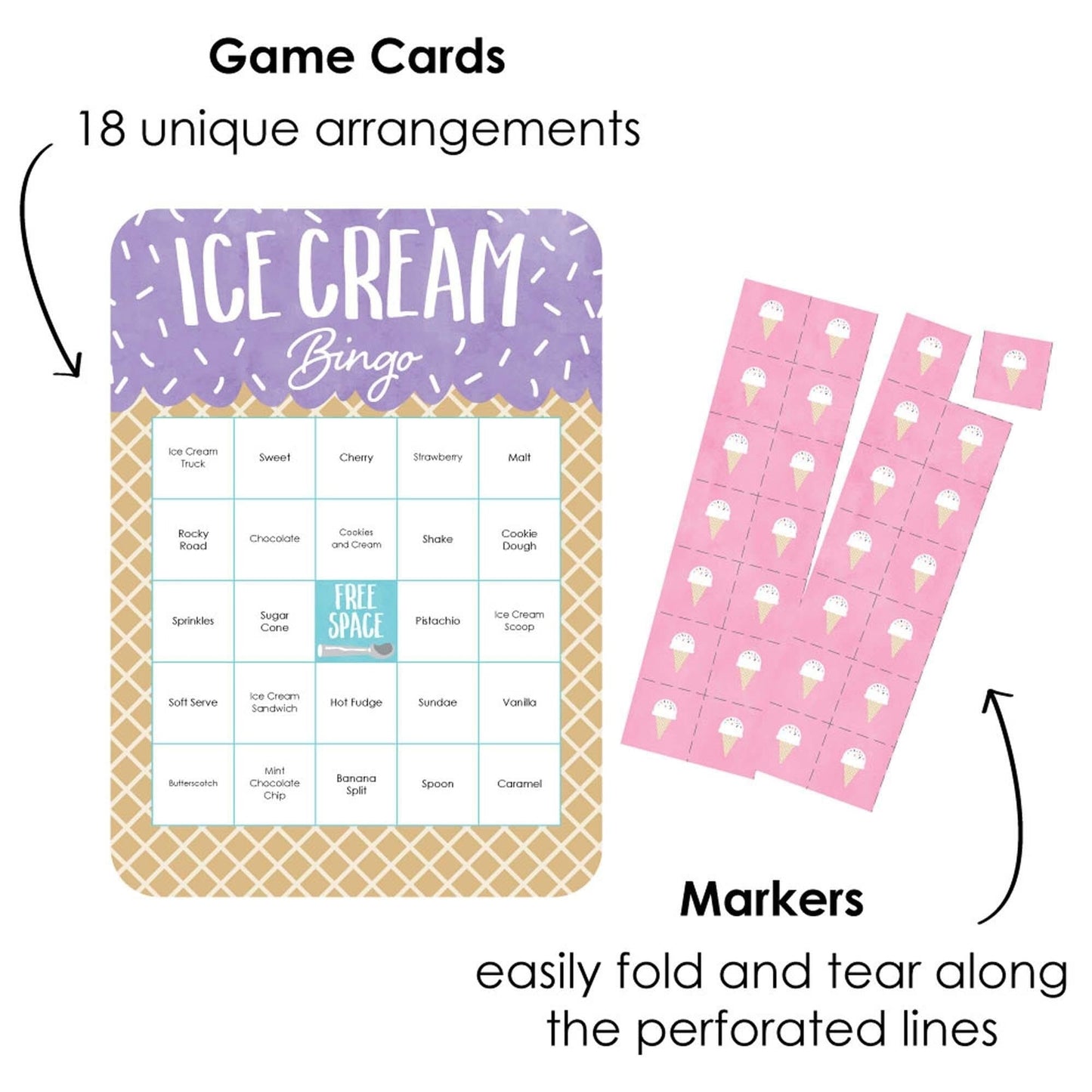 Scoop Up The Fun - Ice Cream - Bingo Cards and Markers - Sprinkles Party Bingo Game - Set of 18