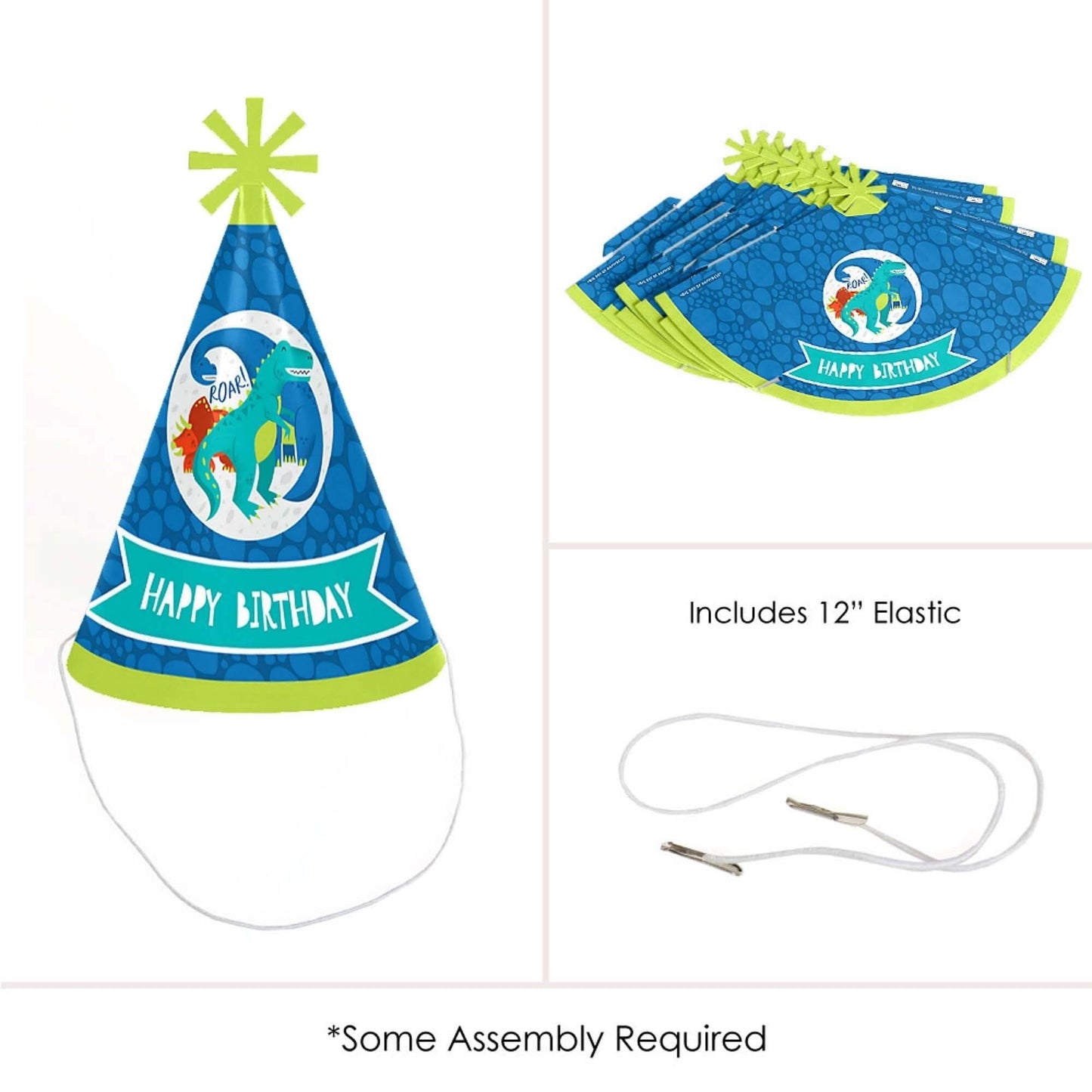 Roar Dinosaur - Cone Happy Birthday Party Hats for Kids and Adults - Set of 8 (Standard Size)