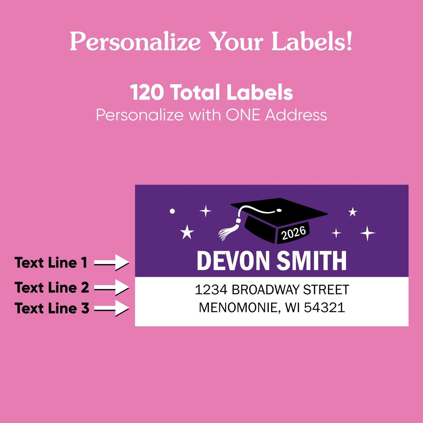 Custom Text Purple Graduation Return Address Labels - 120 Ct