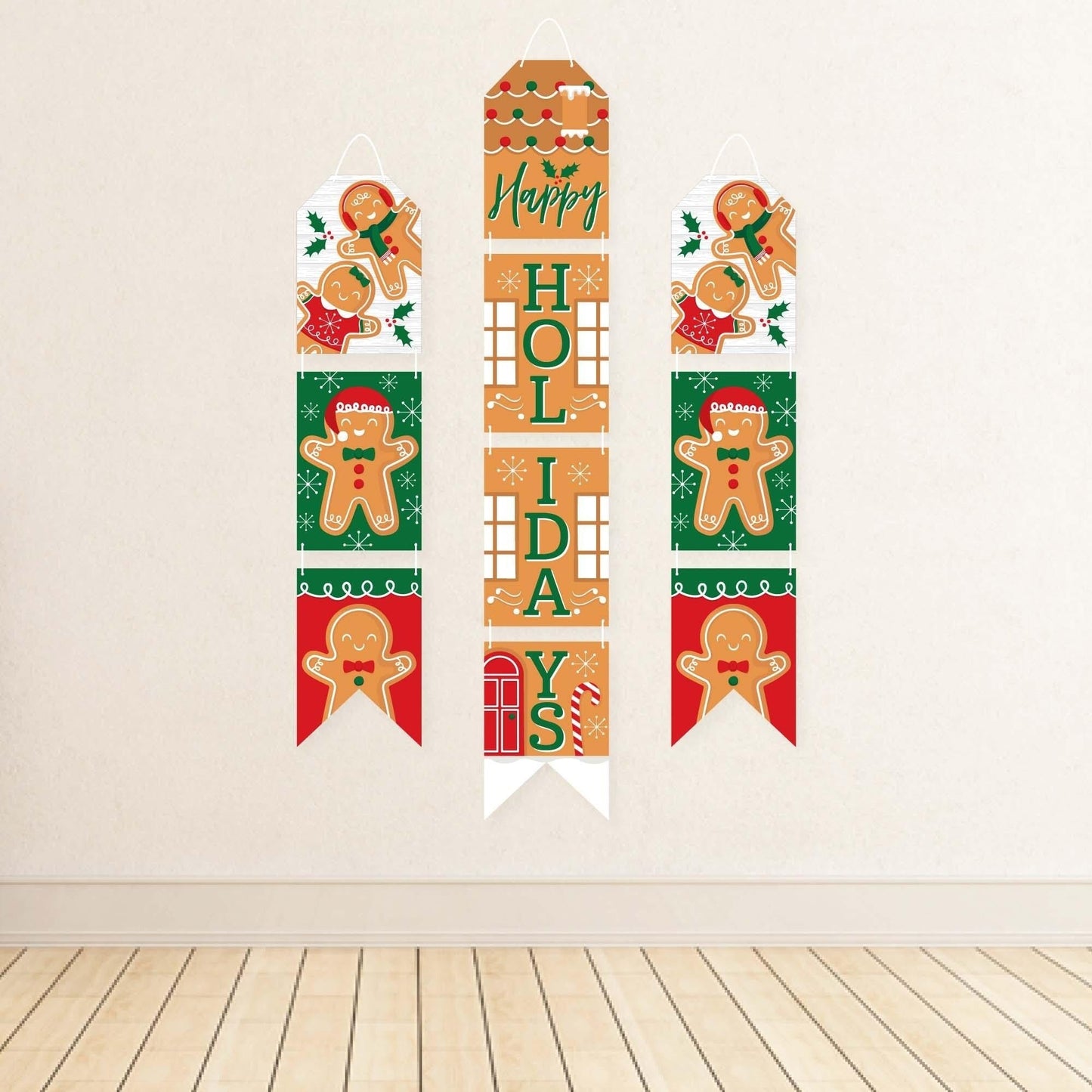 Gingerbread Christmas - Hanging Vertical Paper Door Banners - Gingerbread Man Holiday Party Wall Decoration Kit - Indoor Door Decor