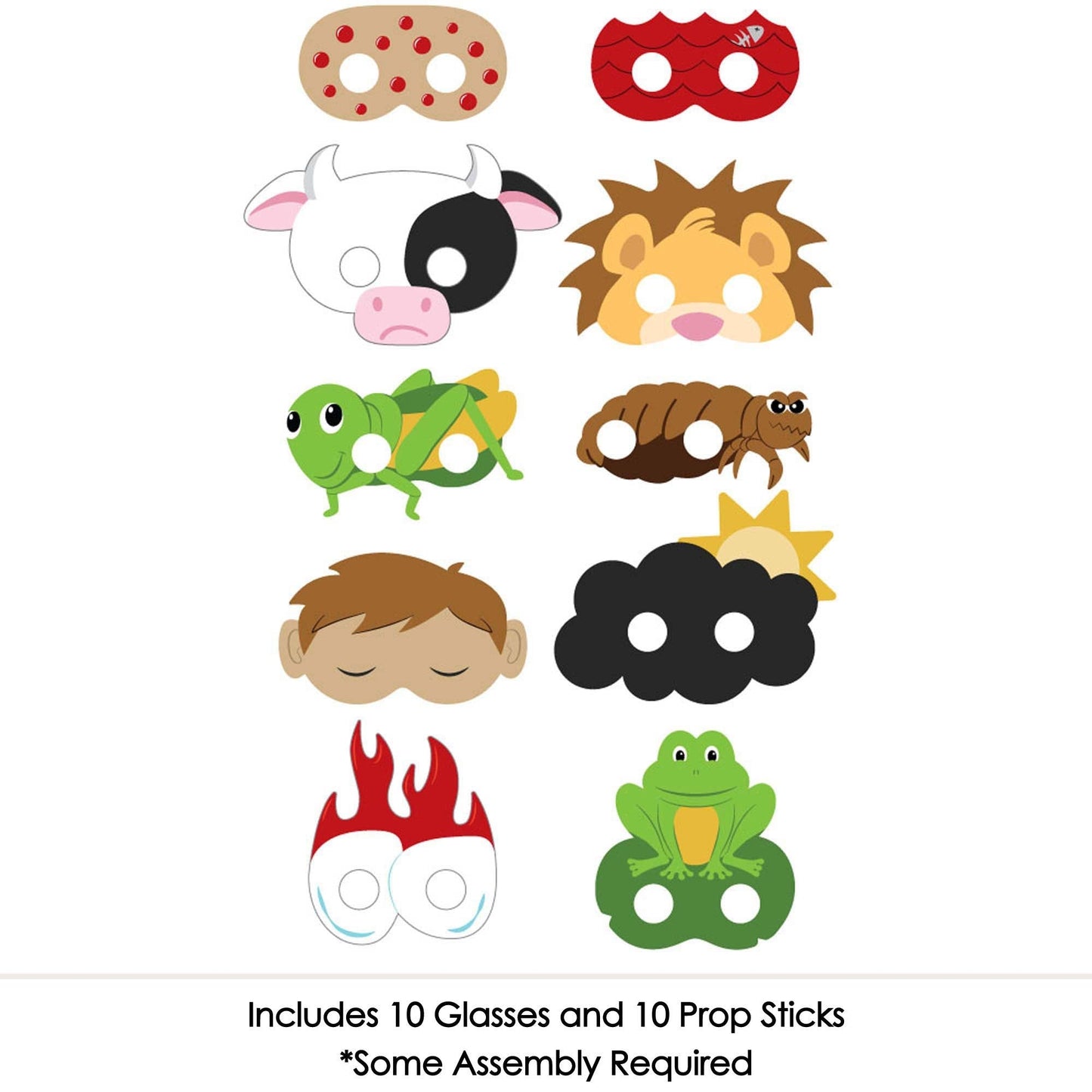 Happy Passover Plague Masks - Paper Card Stock Pesach Jewish Holiday Party Photo Booth Props Kit - 10 Count