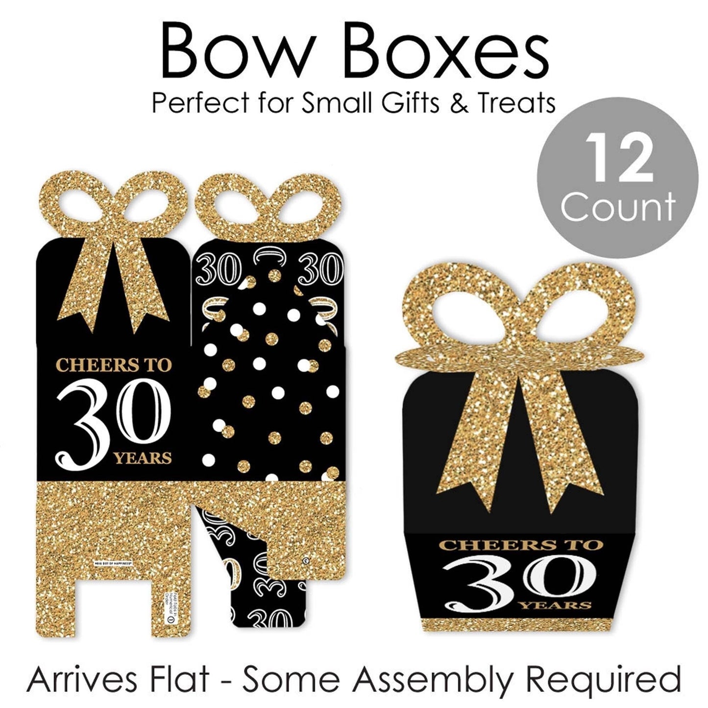 Adult 30th Birthday - Gold - Square Favor Gift Boxes - Birthday Party Bow Boxes - Set of 12