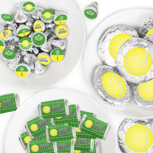 You Got Served - Tennis - Mini Candy Bar Wrappers, Round Candy Stickers and Circle Stickers - Baby Shower or Tennis Ball Birthday Party Candy Favor Sticker Kit - 304 Pieces