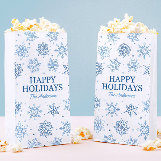 Custom Text Popcorn Bags - Blue Snowflakes - 25 Ct