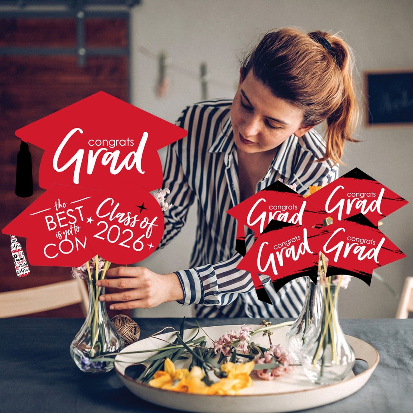 Red Grad - Best is Yet to Come - 2026 Red Graduation Party Centerpiece Sticks - Showstopper Table Toppers - 35 Pieces