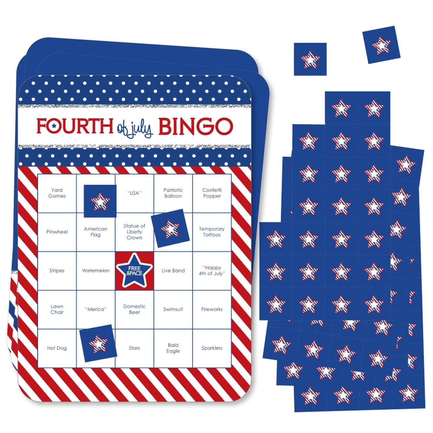 4th of July - Bar Bingo Cards and Markers - Independence Day Bingo Game - Set of 18