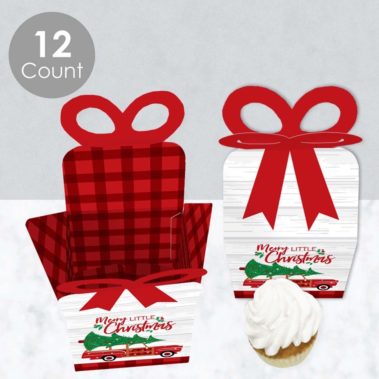 Merry Little Christmas Tree - Square Favor Gift Boxes - Red Car Christmas Party Bow Boxes - Set of 12