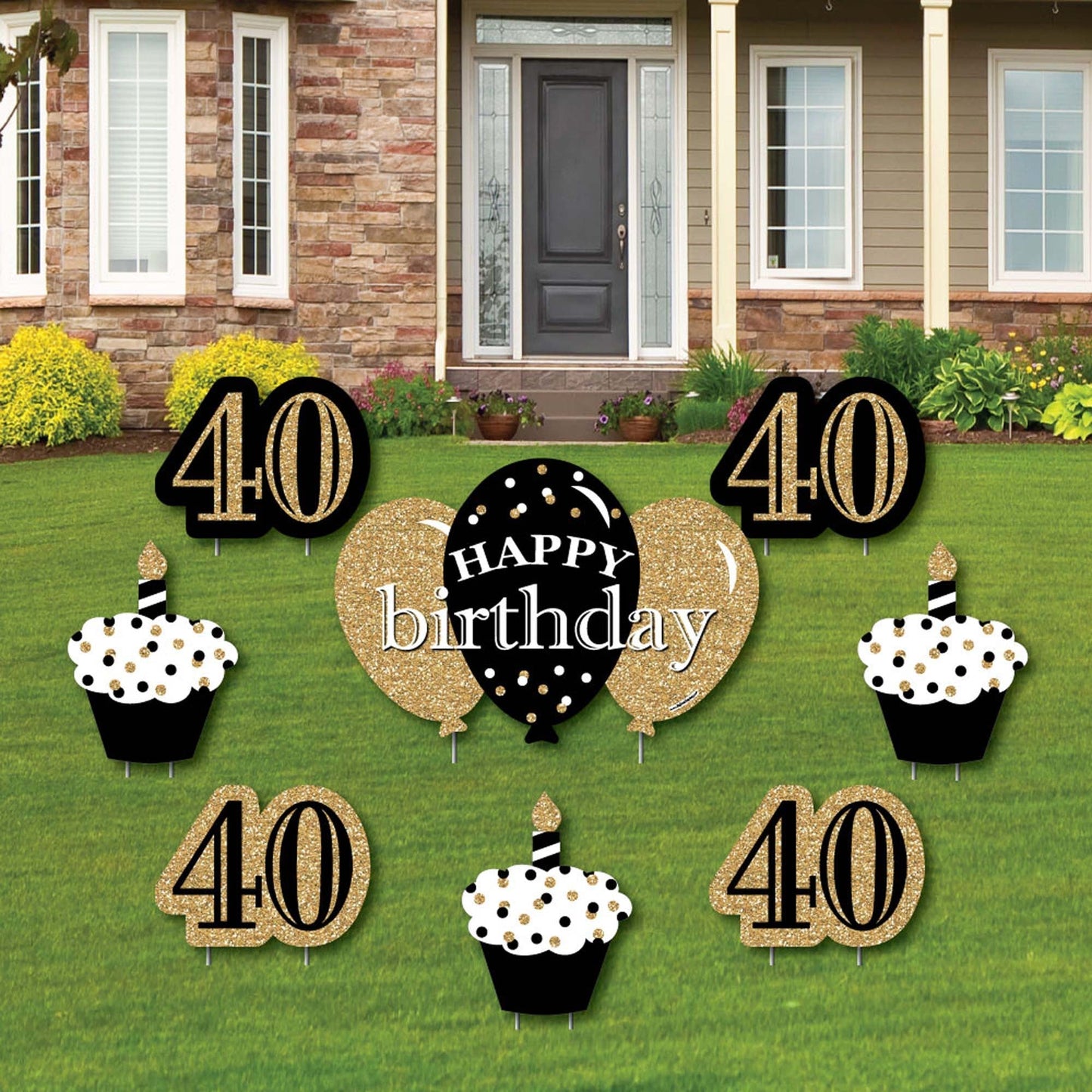 Adult 40th Birthday - Gold - Yard Sign & Outdoor Lawn Decorations - Birthday Party Yard Signs - Set of 8