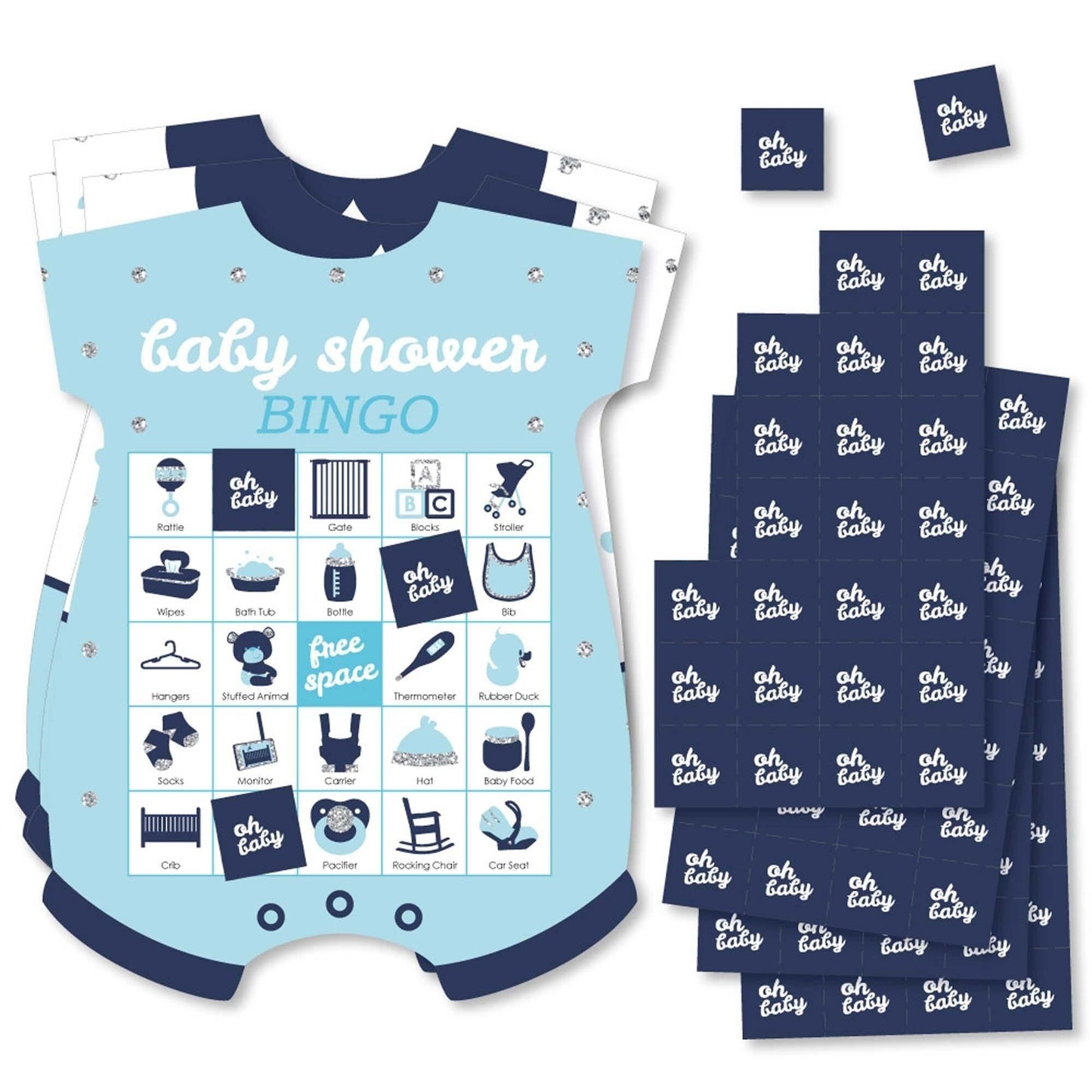 Hello Little One - Blue and Silver - Picture Bingo Cards and Markers - Boy Baby Shower Shaped Bingo Game - Set of 18
