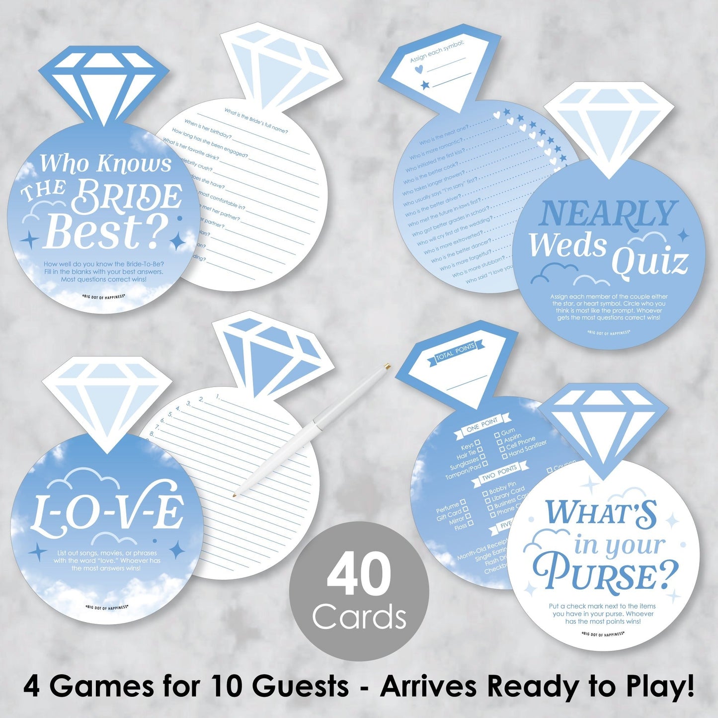 On Cloud 9 - 4 Bridal Shower Games - 10 Cards Each - Who Knows The Bride Best, Bride or Groom Quiz, Whats in Your Purse and Love - Gamerific Bundle