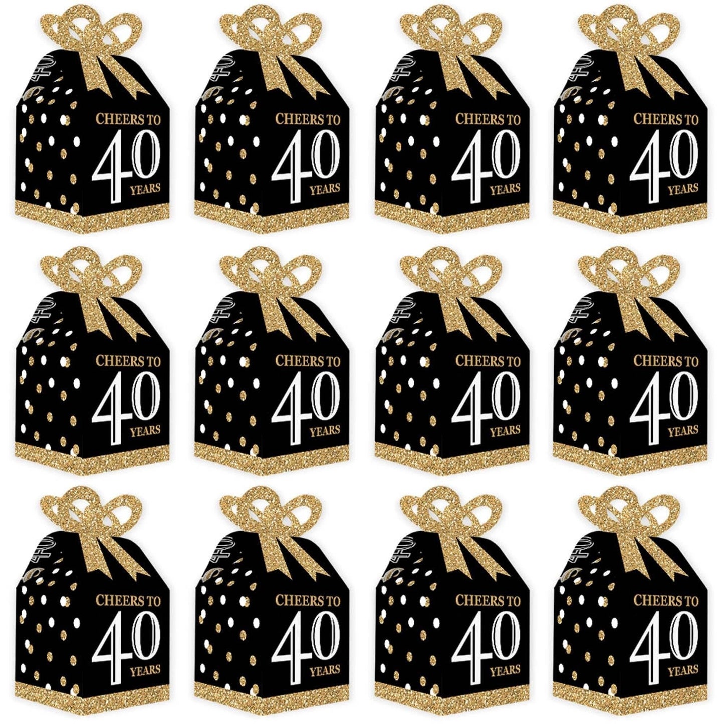 Adult 40th Birthday - Gold - Square Favor Gift Boxes - Birthday Party Bow Boxes - Set of 12