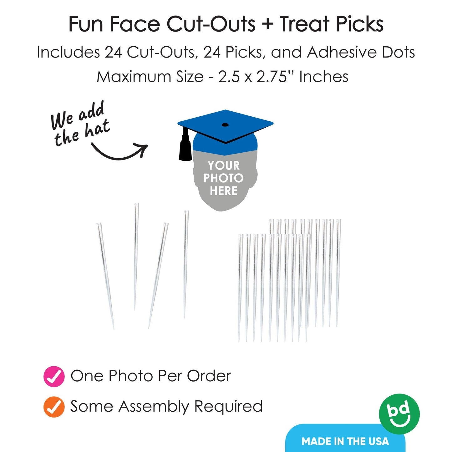 Custom Fun Face Blue Grad Cap Treat Picks - 24 Ct