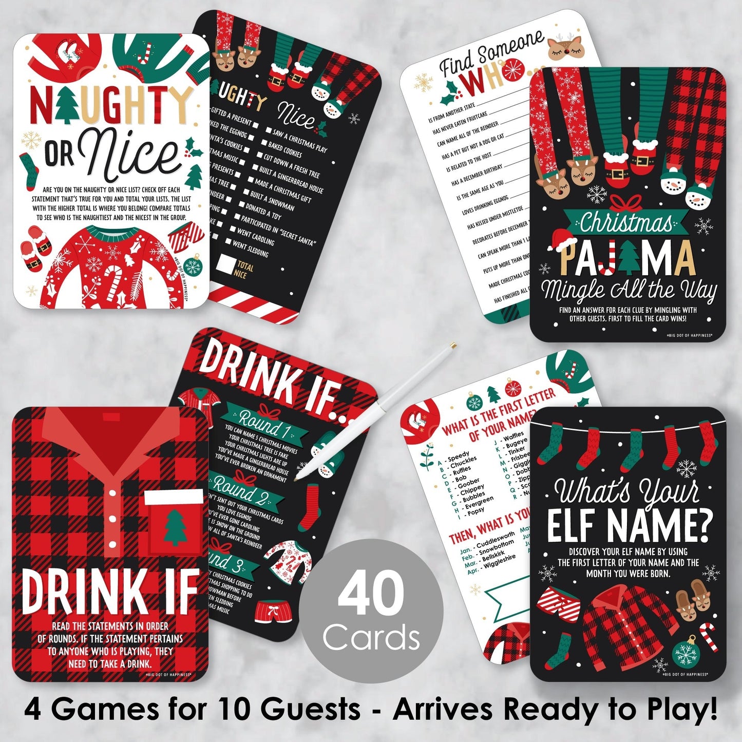 Christmas Pajamas - 4 Holiday Plaid PJ Party Games - 10 Cards Each - Gamerific Bundle