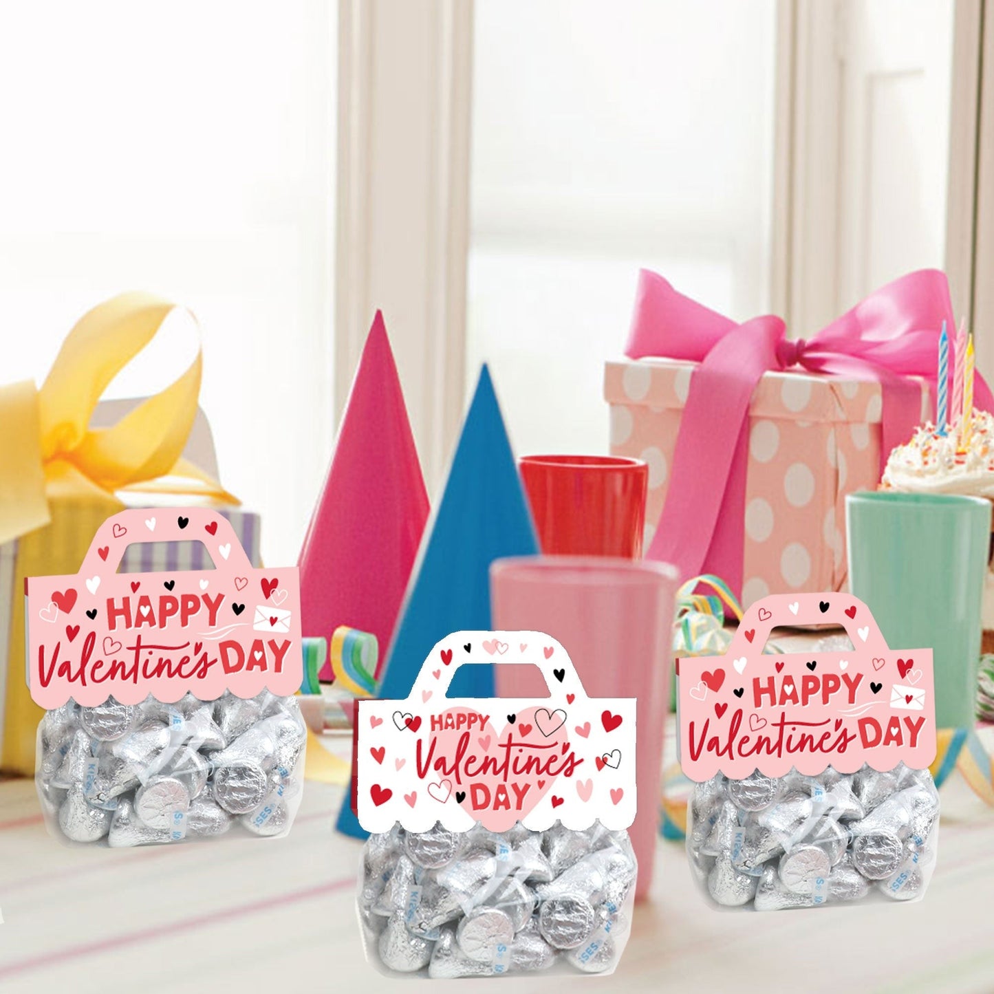 Happy Valentine’s Day - DIY Valentine Hearts Party Clear Goodie Favor Bag Labels - Candy Bags with Toppers - Set of 24