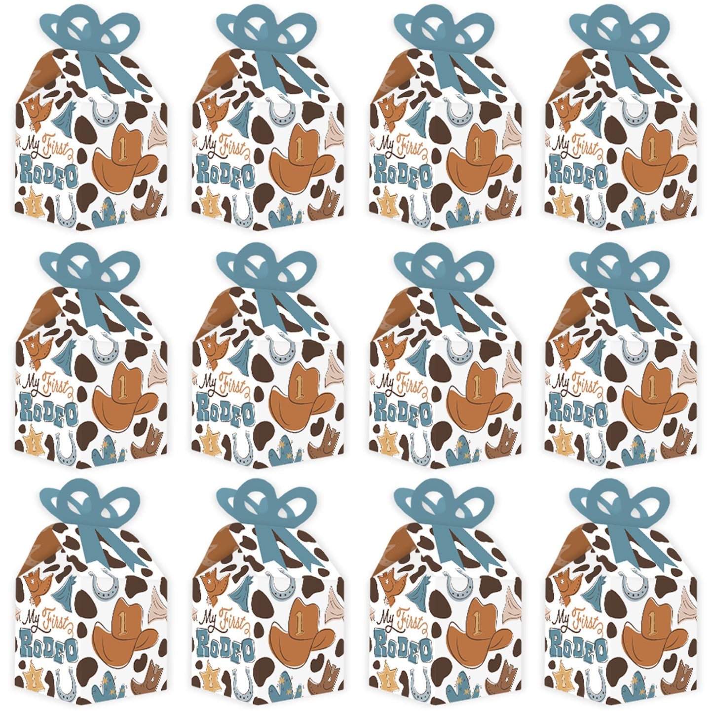 My First Rodeo - Square Favor Gift Boxes - Little Cowboy 1st Birthday Party Bow Boxes - Set of 12